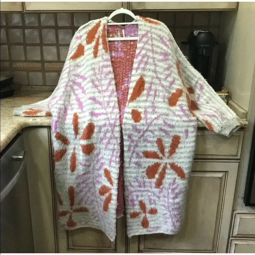 Free People Could It Be You Cardigan Flower Midi Ivory Rust Lavender Gray - Picture 2 of 4